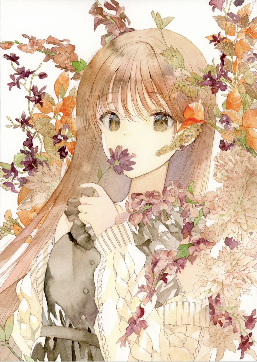 1girl solo flower brown hair long hair looking at viewer brown eyes  illustration images
