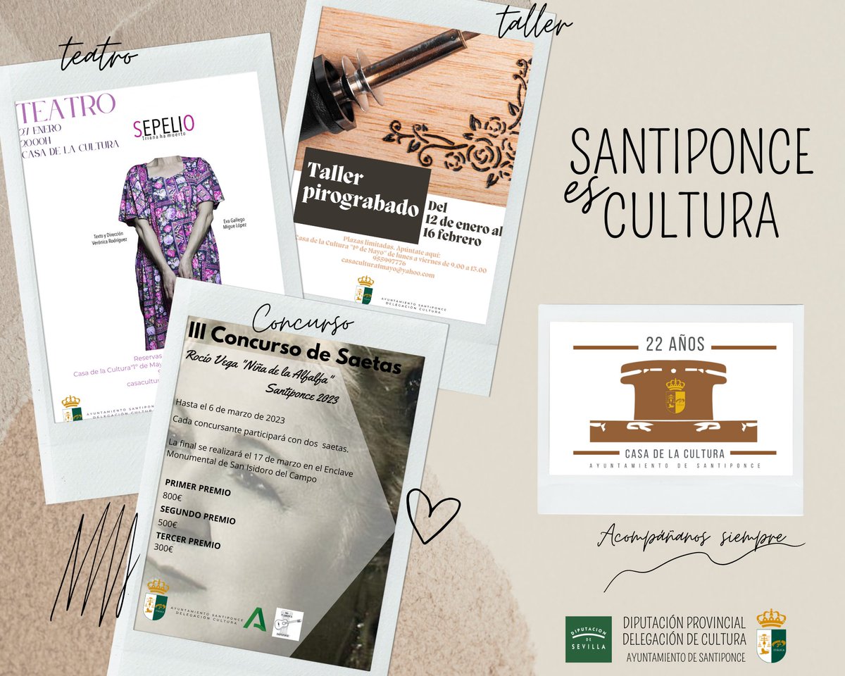 SantiponceAyto's tweet photo. El Ayuntamiento de Santiponce arranca el año de Cultura 2023 con actividades muy interesantes 
INFO: https://t.co/fk5DAKmKZs

#SantiponceEsCultura
#Cultura
#AyuntamientodeSantiponce https://t.co/n3rpO63Gnl