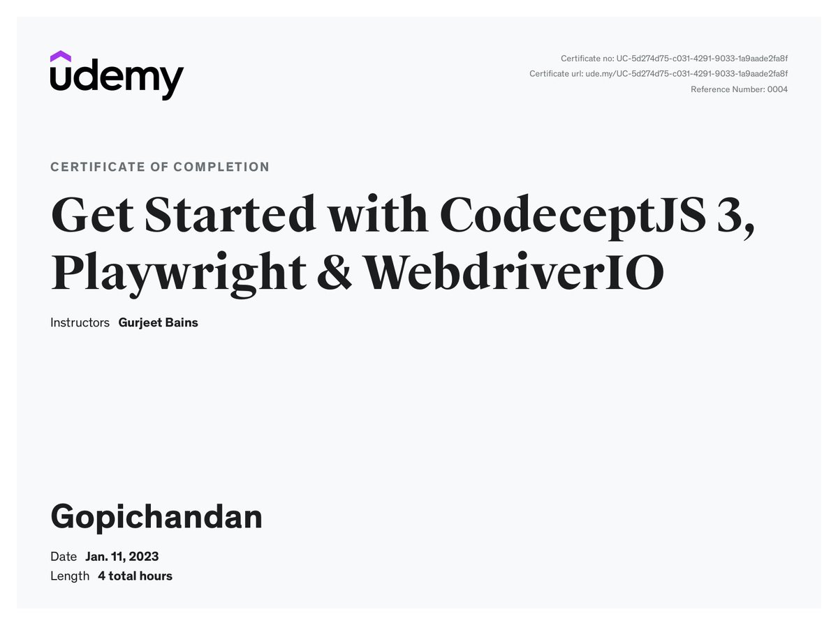 I am happy to share that i have learned a new automation tools with beautiful framework.
#codeceptjs #codeceptjsplaywright 
#webautomation #apiautomation #qa #QA #QAtesting #automationtestingenginee