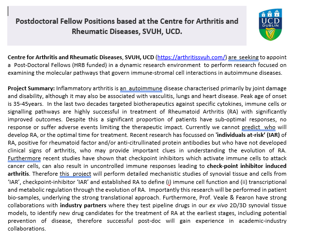 MolecularTcd's tweet image. 📢#jobalert Looking for a Postdoctoral Fellow to join the team!
Translational project to identify early molecular signatures which might predict onset of #RheumatoidArthritis
Deadline: 31st Jan 2023.
🔗rheumatologytcd.com
🔗arthritissvuh.com/home/
RT appreciated