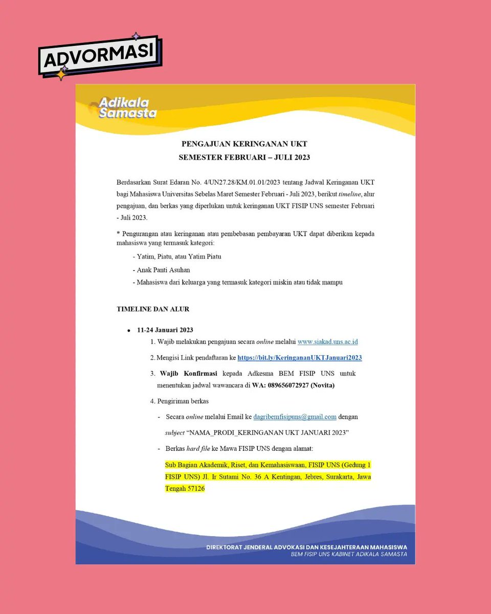 bemfisipuns's tweet photo. [PANDUAN KERINGANAN UKT SEMESTER FEBRUARI – JULI 2023]

Hallo, Sobat FISIP! ✨
Keringanan UKT semester Februari – Juli 2023 sudah mulai tanggal 11 - 24 Januari 2023. Buat kamu yang bingung gimana alur dan apa aja yang harus dilakukan, berikut kami berikan panduannya!! 🤩 https://t.co/cD8RmWeq6E