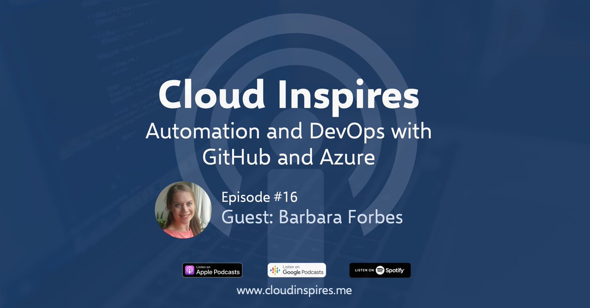 CloudInspires (@cloudinspires) on Twitter photo New episode of #CloudInspires:
We're very excited to welcome Barbara Forbes (<a href="/Ba4bes/">Barbara 4bes</a>) to talk about #Automation with #GitHub and #Azure. What are the benefits in using #Codespace? Why is #AzureFunction so cool?
You'll find the answers in this episode!
anchor.fm/cloudinspires/… New episode of #CloudInspires:
We're very excited to welcome Barbara Forbes (<a href="/Ba4bes/">Barbara 4bes</a>) to talk about #Automation with #GitHub and #Azure. What are the benefits in using #Codespace? Why is #AzureFunction so cool?
You'll find the answers in this episode!
anchor.fm/cloudinspires/…