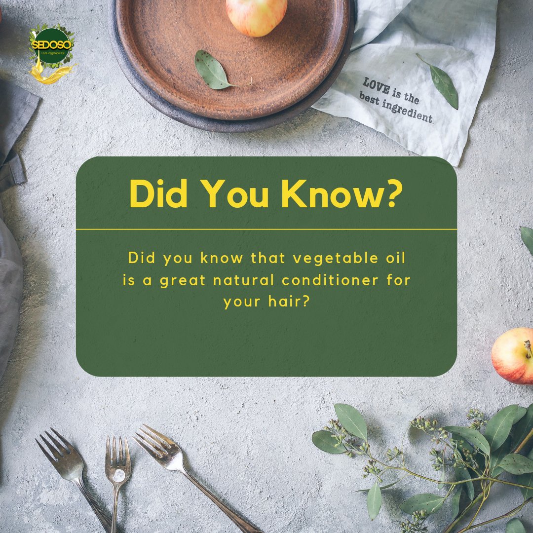 sedosoltd's tweet image. Vegetable oils are rich in vitamins and minerals that can penetrate the hair shaft and nourish the hair from within.

Different type of hair may have different needs, so it is important to test the vegetable oil on a small section before applying all over your head. #DidYouKnow