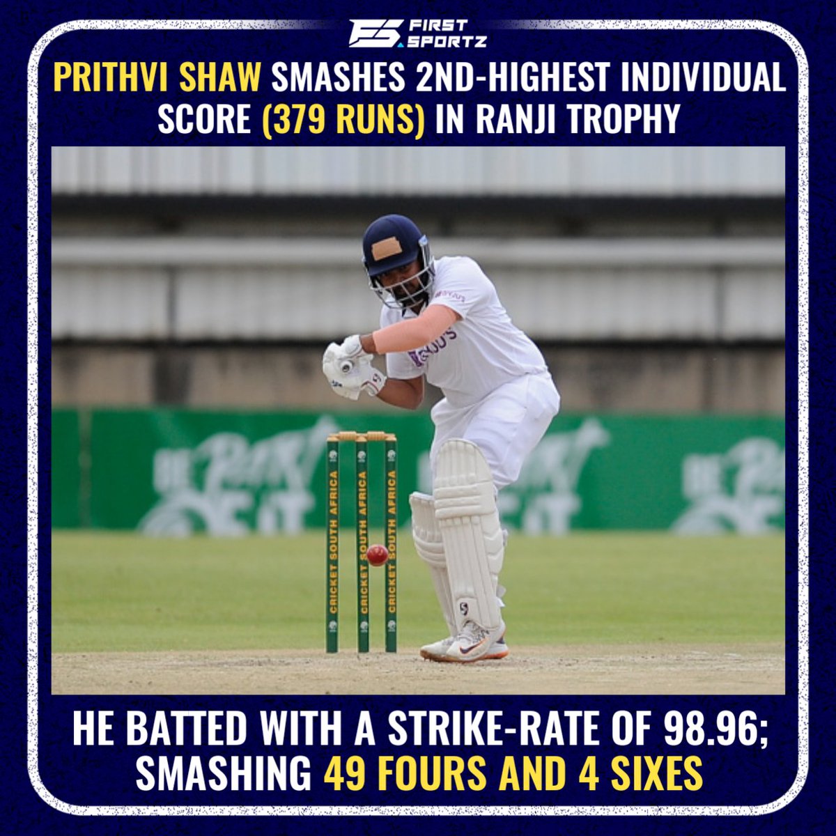 firstsportzcric's tweet photo. Prithvi Shaw dismissed for 379 in 383 balls with 49 fours and 4 sixes.
#PrithviShaw #RanjiTrophy #Mumbai #firstsportz https://t.co/RT5eIX5Ml0