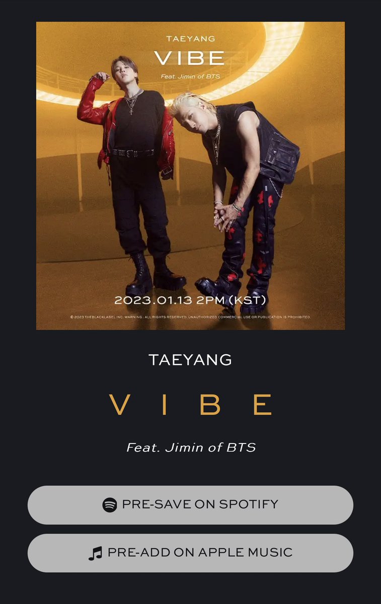 "VIBE" için Spotify ve Apple Music’te ön kayıt yaptırmayı unutmayın!

👉 taeyang.lnk.to/VIBEPreSave

JIMIN IS COMING
#VIBE #바이브
#Jimin #지민 <a href="/BTS_twt/">방탄소년단</a> 
#VIBEISCOMING #VIBEftJimin