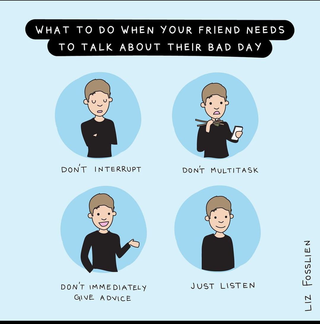 GoodLives4's tweet photo. Here is what you can do when a buddy needs to vent out about their awful day!

#therapy #Listen #talkout #depression #anxietyrelief #mentalhealth #MentalHealthAwareness #VIBE https://t.co/zYrRWWCNUt