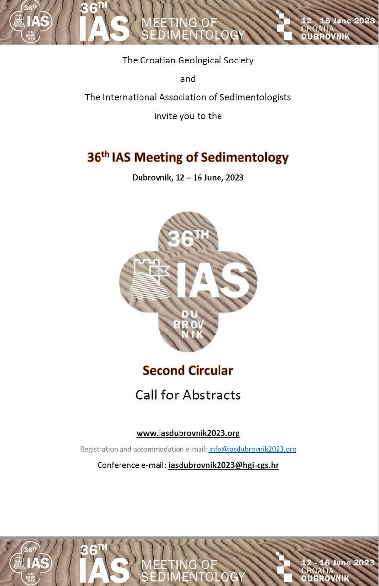 Abstract submission for the 36th International Meeting of Sedimentology @IAS_Dubrovnik is open by 15 February: iasdubrovnik2023.org/eng-abstract-s… You can find descriptions of Scientific Themes, Special Sessions and General Sessions in the 2nd Circular: iasdubrovnik2023.org/Downloads/IMS_… Join #36IMS