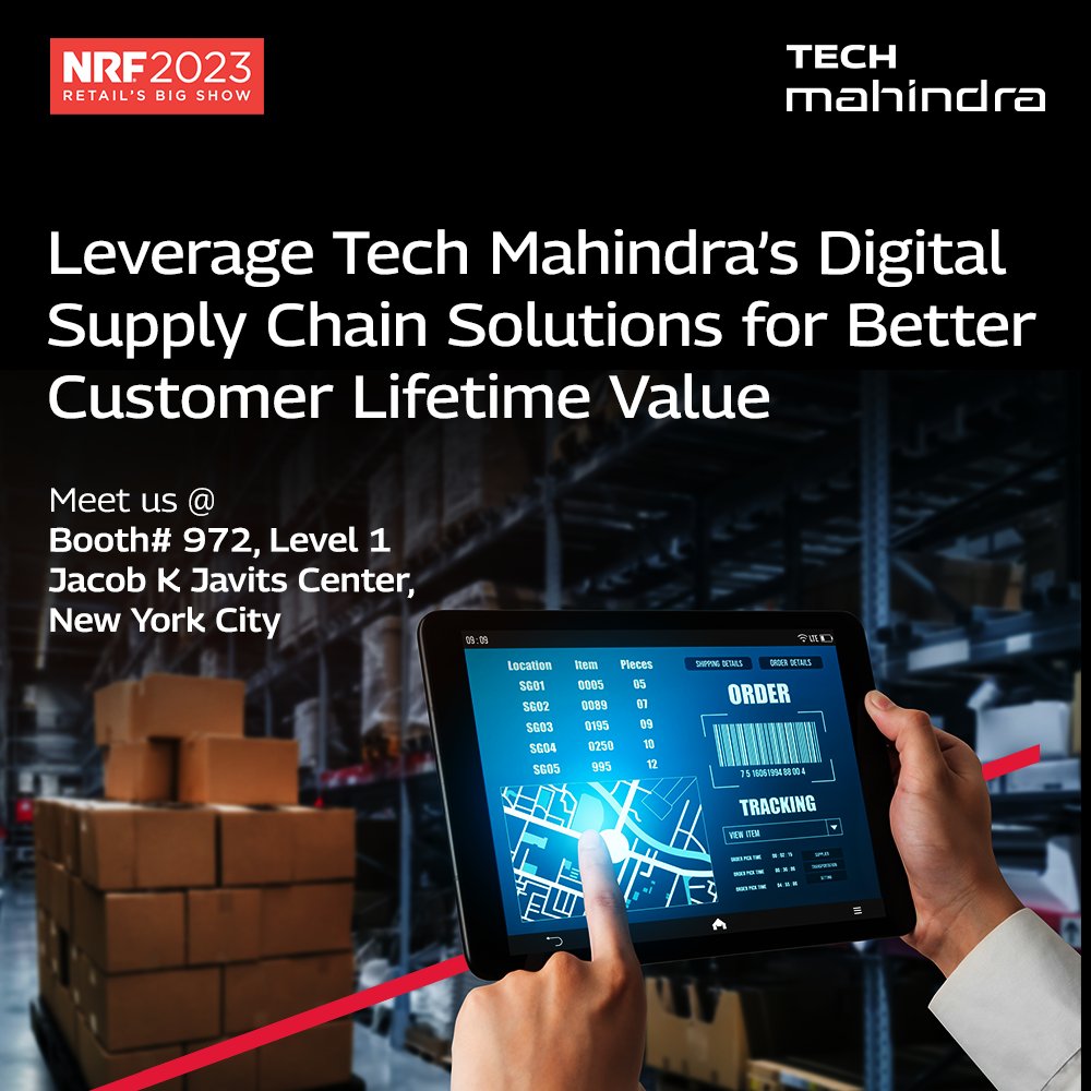 tech_mahindra's tweet photo. Tech Mahindra's #DigitalSupplyChain practice focuses on next-gen AI/ML-based approaches to bring in E2E visibility and auto decision-making.
Interact with our leaders at #NRF2023 to learn more about our capabilities.
More: https://t.co/ZihG9Lo6sO
#TechMAtNRF #Retail #NxtNow https://t.co/Oo7kcf73H9