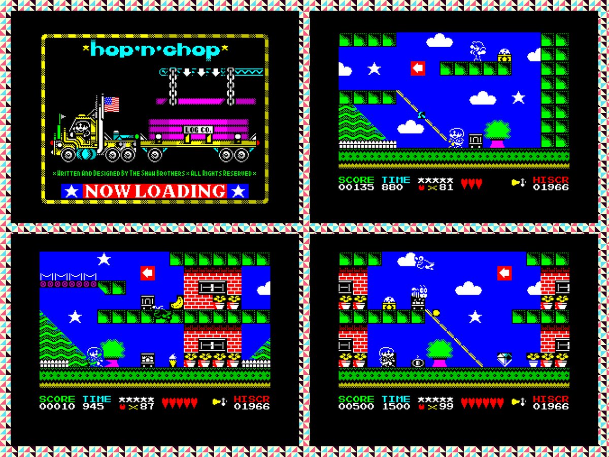OldSchoolBooks1's tweet photo. Today's #retrogaming on the #ZXSpectrum #HopNChop , you need this game in your life! It's cute, frustrating and  ever so good. Be a #lumberjack on your Speccy! It's a shame it never got the release from Atlantis Software in 1992 and had to wait until 1995. https://t.co/ph67elrQbg