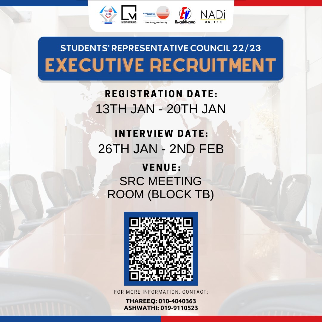 src_uniten's tweet photo. SRC EXECUTIVE RECRUITMENT]

The Students' Representative Council 22/23 is proud to announce that we are expanding the SRC UNITEN team!

(continued below) https://t.co/wztiCuo0kH