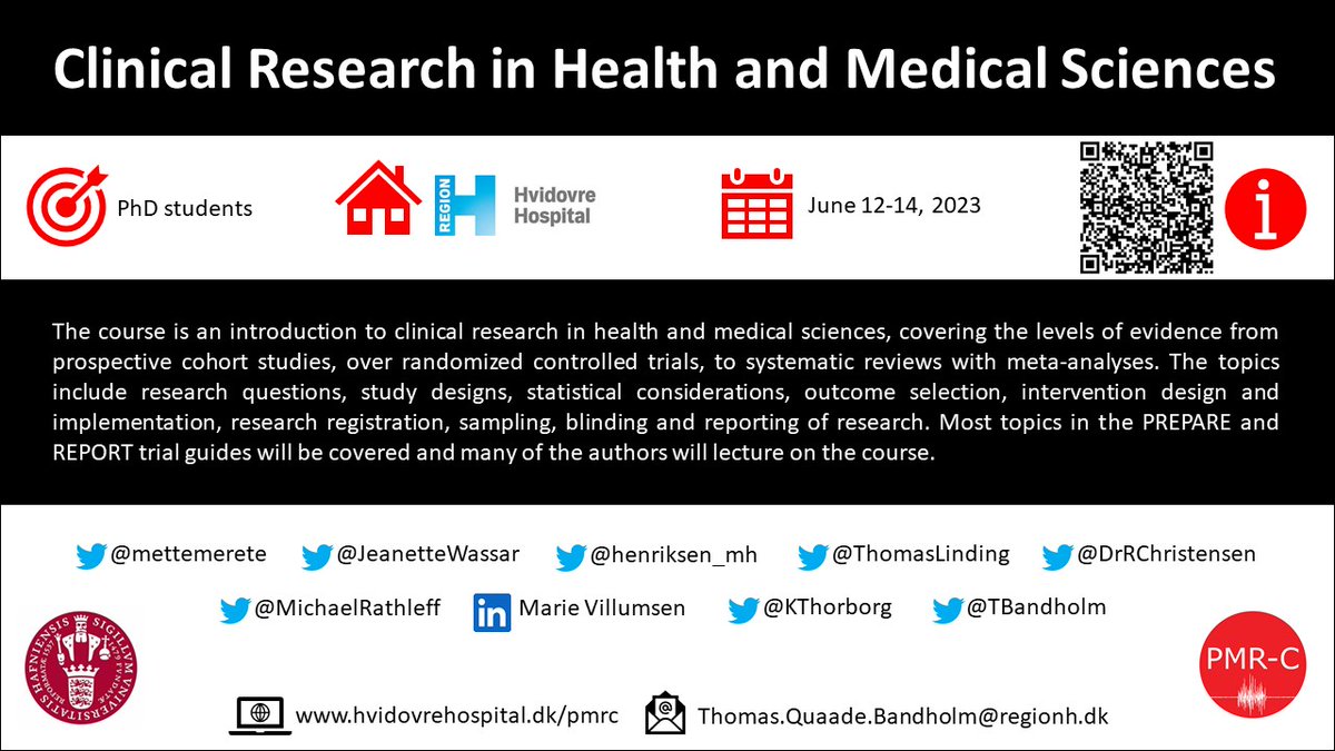 New PhD course: “Clinical Research in Health &amp; Medical Sciences” June 12-14, 2023 <a href="/PhysMed_CPH/">PMR-C</a> @AmagerHvidovre open for registration now: bit.ly/3VVY1wI Program: bit.ly/3GAZHpT 🔑content: PREPARE bit.ly/2OK5Ch0 &amp; REPORT bit.ly/3vXAnFz guides