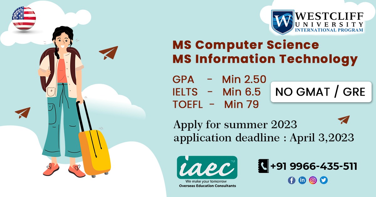 iaec_india's tweet image. Application process for summer 2023 is in progress. Contact our counselor to guide you with the admission process.
#Westcliff #MSComputerScience #msinformationtechnology #applicationsopen #StudyintheUSA #abroadeducation #WestCliffUniversity #internationalprograms