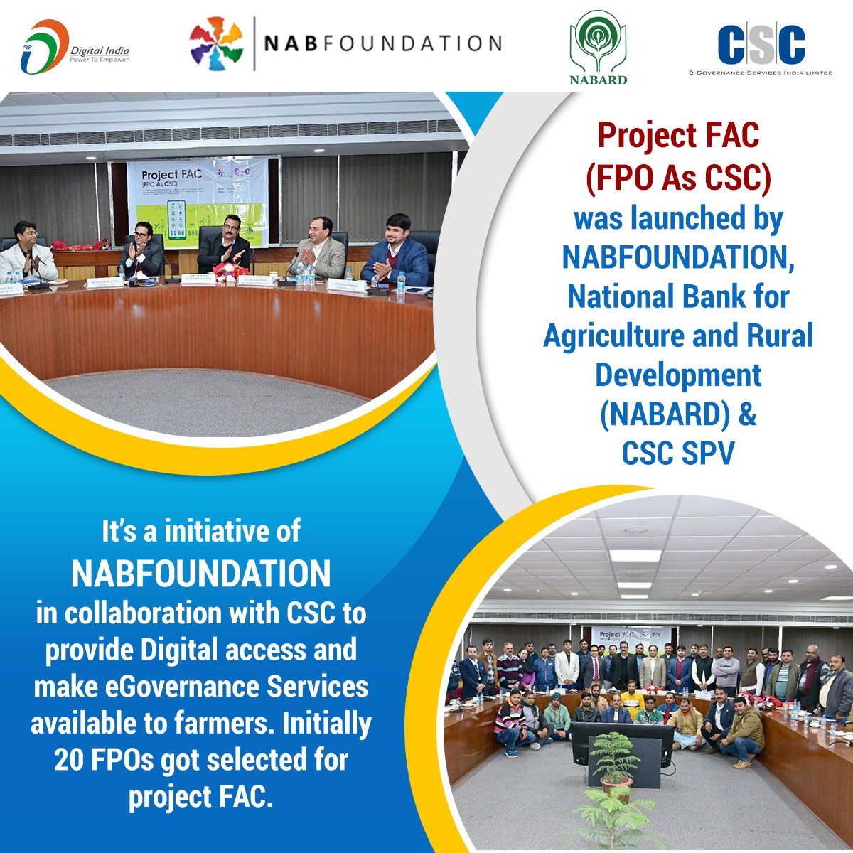 CSCegov_'s tweet photo. Project FAC (FPO As #CSC) was launched by #NABFOUNDATION, #NABARD & CSC SPV.
It’s an initiative of @NABFOUNDATIONIN in collaboration with CSC to provide Digital access & make eGovernance Services available to farmers. Initially, 20 FPOs got selected for project FAC. https://t.co/DHwG2wsDnh