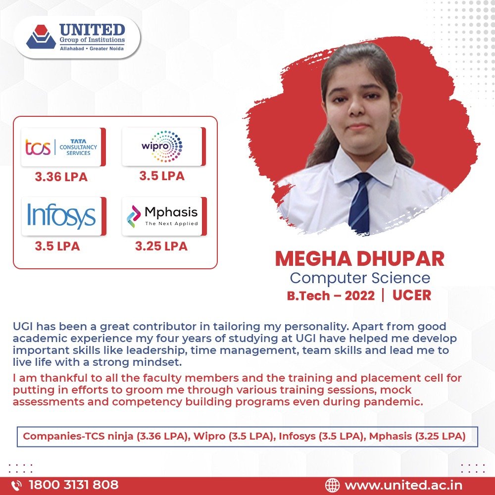 theugiindia's tweet photo. Our #students don't miss a chance to amazed us with their #hardwork. One such student is Megha Dhupar from #BTech of #UCER (#UGI). After completing her #education, she secured many #placementopportunities in #MNCs like @Infosys, @Wipro, @TCS, @Mphasis.
- https://t.co/iQ2HrXnPGm https://t.co/SqYSpLkK6z