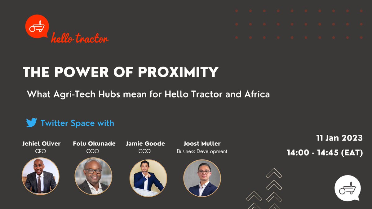 HelloTractor's tweet photo. Join us today in a Twitter Space conversation that explores our Agri-Tech Hub strategy and how it will revolutionize service and engagement of our customers!
https://t.co/sYT2qBU1Ch
#HelloTractor #PowerOfProximity #FarmerProductivity #AgriTechHub #MechanizationHub https://t.co/YHiftFNKAI
