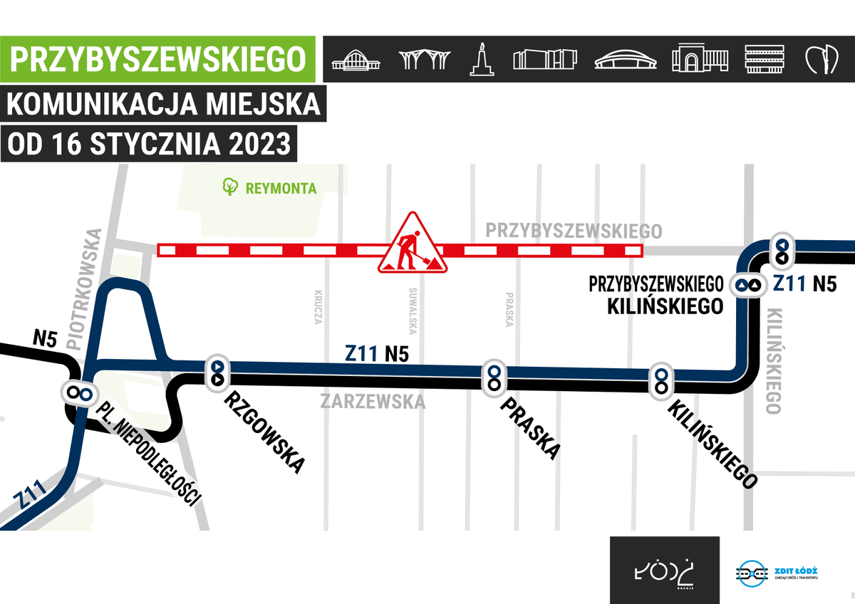 W poniedziałek (16 stycznia) ma się rozpocząć przebudowa ul. Przybyszewskiego od placu Reymonta do Grabowej. 
Autobusy pojadą ul. Zarzewską. Ruch po ul. Przybyszewskiego będzie częściowo możliwy w jednym kierunku w stronę ul. Kilińskiego.