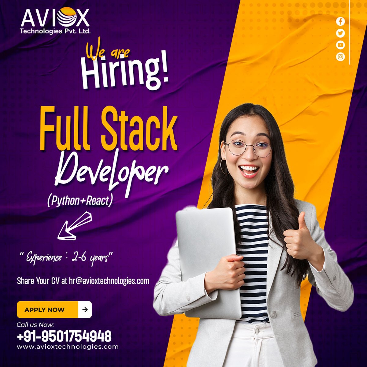 AvioxT's tweet photo. !! Hiring Alert !! 😊😊
Aviox Technologies Pvt. Ltd. is hiring for #fullstackdeveloper on urgent basis.
#Experience required - 2-6 years
#OfficeLocation - Phase 8B, Sector 74, Mohali – Punjab
Please #shareCV at hr@avioxtechnologies.com or call us at +91 9501754948. https://t.co/cFK2rXsSoF