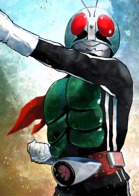 令和5年、1枚目はやはり1号かなと、、トォッー!!#イラスト #仮面ライダー1号 #仮面ライダー 