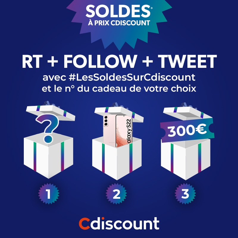 Cdiscount's tweet image. 🎁 #Concours 
Lancement des SOLDES sur Cdiscount 👉 bit.ly/2J6nTT2

🔶 RT + FOLLOW @Cdiscount
🔶 TWEET avec #LesSoldesSurCdiscount et le numéro de votre choix :

1⃣ cadeau mystère !
2⃣ Samsung Galaxy S22
3⃣ bon d'achat de 300€

🍀 3 gagnants le 18/01