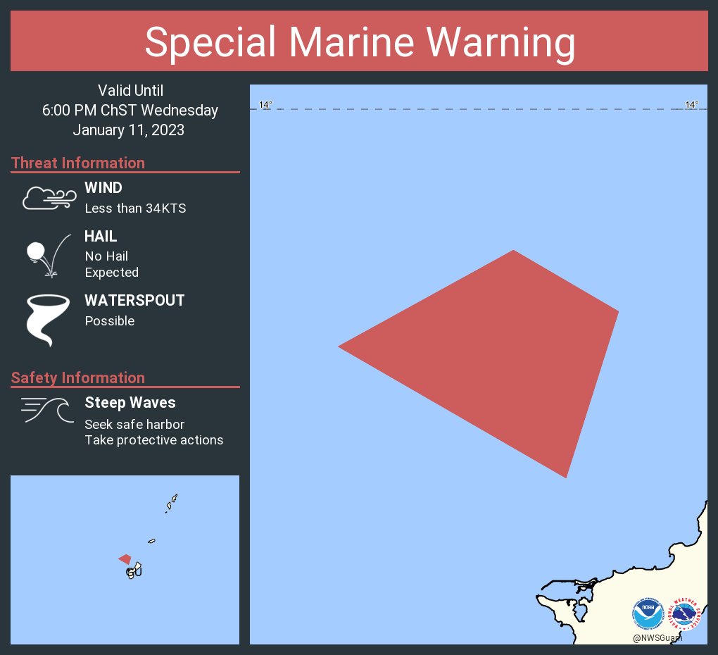 This graphic displays a special marine warning plotted on a map. The warning is in effect until 6:00 PM ChST. The warning includes Guam coastal waters. The threats associated with this warning are wind gusts less than 34kts and no hail expected.Waterspouts are possible. Steep waves can be expected. Seek safe harbor and take protective actions.