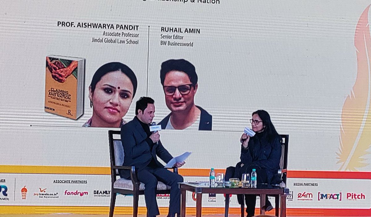 BWBusinessworld's tweet photo. Live: Prof Aishwarya Pandit, Associate Professor, @JindalLaw, discussing her book"Claiming Citizenship &amp; Nation" with @RenAameen, Senior Editor, BW Businessworld at 4th Edition of the Indian Business Literature Festival.
#IBLF #GurugramChapter

Join on: https://t.co/oVZcEoypJY https://t.co/qwuyGEe0s3