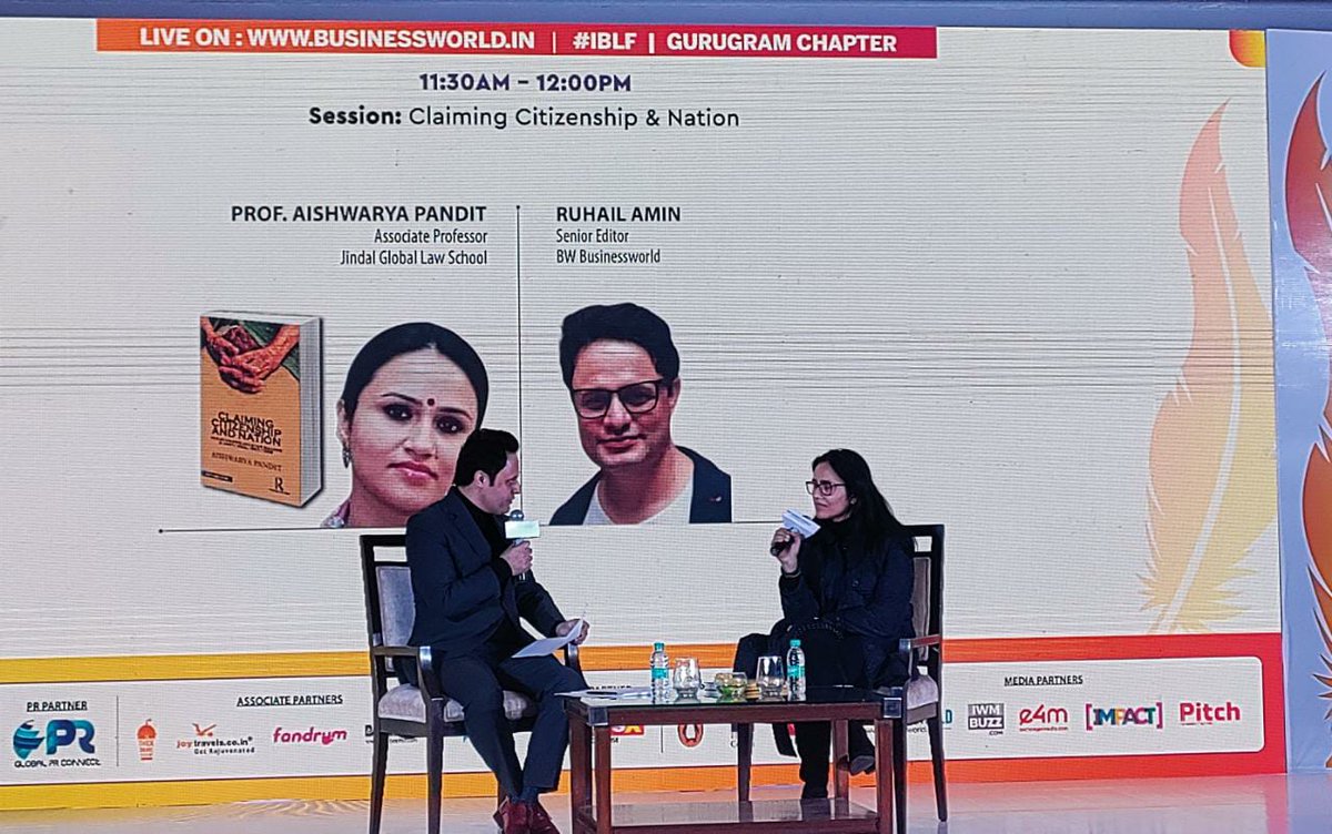 BWBusinessworld's tweet photo. Live: Prof Aishwarya Pandit, Associate Professor, @JindalLaw, discussing her book"Claiming Citizenship &amp; Nation" with @RenAameen, Senior Editor, BW Businessworld at 4th Edition of the Indian Business Literature Festival.
#IBLF #GurugramChapter

Join on: https://t.co/oVZcEoypJY https://t.co/qwuyGEe0s3