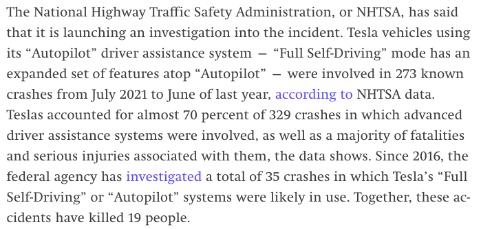klaatu29's tweet photo. giusto per mettere le cose nel giusto contesto: 273 incidenti e 19 morti causati da #Tesla in #SelfKilling mode. Magari ne hanno salvati di più in tutti i casi in cui non hanno fatto incidenti, ma in queste condizioni io non userei l'autopilot neanche sotto tortura. https://t.co/T1wVSQ81Jz