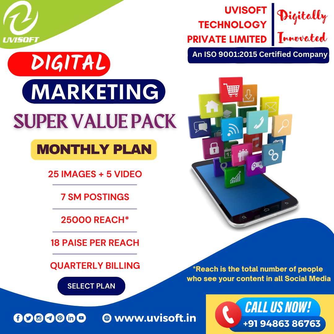 UvisoftIndia's tweet photo. DIGITAL MARKETING (SUPER VALUE PACK)
CALL US TO KNOWN MORE DETAILS
๐ฑ +919486386763
๐ : https://t.co/l70SL4paDT
FOLLOW US ON:
#supervaluepack #monthlyplan #trailpack #budgetpack #branding #brandawareness #digitalmarketing #uvisoft #virtualvickram #arni #marketing #socialmedia https://t.co/ZNftKokSGL