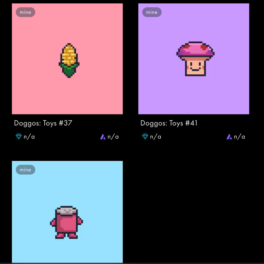 milesmuso's tweet photo. These #DoggosToys might not look much, but each one gives me a #FREEMINT in the upcoming #Doggos mint by @pxldoggo.
That's why I minted three of them, for 1.5 $AVAX each.
Mint details below, but you need to be on the #Packlist first - find out how in https://t.co/B2A6lKNK4I https://t.co/ShSXwql0t4