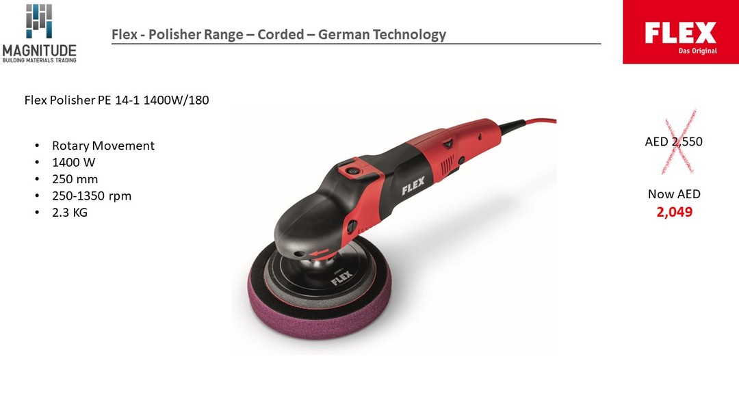 MagBuild's tweet photo. Flex - Polisher Range – Corded – German Technology

Flex Polisher PE 14-1 1400W/180 for only AED 2,049/-

#Magbuild #Flex #PowerTools 

MagBuild–Quality Genuine Products

For Inquiries reach us at +971 4 380 8458 or info@modernsolutionsgroup.com https://t.co/k8wA9pJ1L8