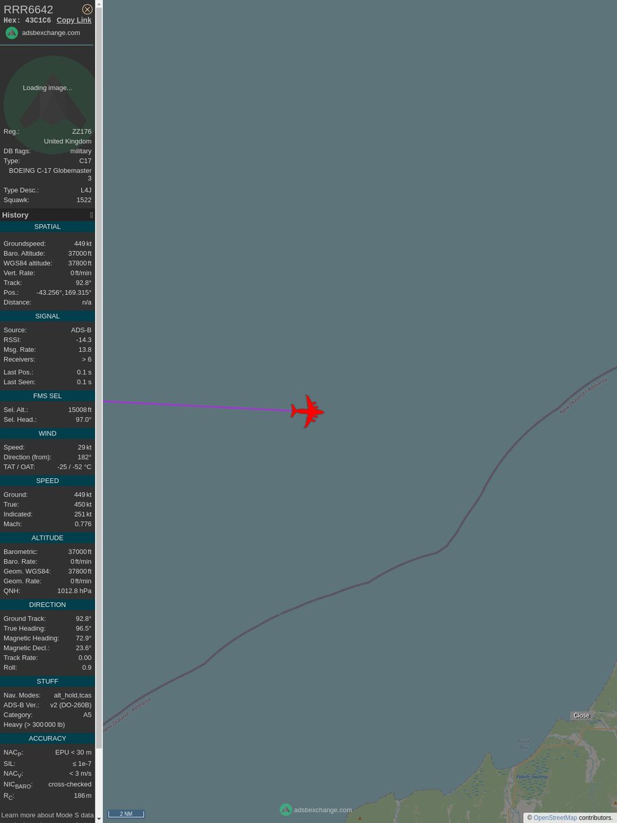 ICAO: 43C1C6
Flt: ZZ176 #RoyalAirForce
First seen: 2023/01/11 20:32:42
Min Alt: 37000 ft MSL
Min Dist: 192.57 nm

#Invercargill #planefence #adsb - docker:kx1t/planefence
globe.adsbexchange.com/?icao=43c1c6