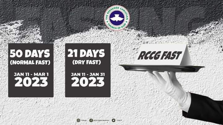 RCCGCityofDavid's tweet photo. Please be advised: 2023 #RCCGFast commences TODAY Wednesday, January 11 and ends on Wednesday, March 1.
If you wish to fast day and night without breaking, it will be a back to back 21 Day Dry Fast.
May GOD answer all our prayers in Jesus name.
#50DaysFast
#RCCGFast2023 https://t.co/wJcsZ7YrM8