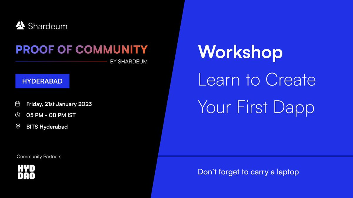 ShardeumHyd's tweet photo. Create and Deploy your DAPP Seminar + Workshop in Bits Pilani !

​🚨: Please don't forget to bring your laptops 💻 as it will be a hands-on session❗️
Register here : https://t.co/wH0FblyvGl

Outreach partners : @hyderabaddao 

@shardeum @NischalShetty @letsbuildweb3 https://t.co/TRVLzgQaO0