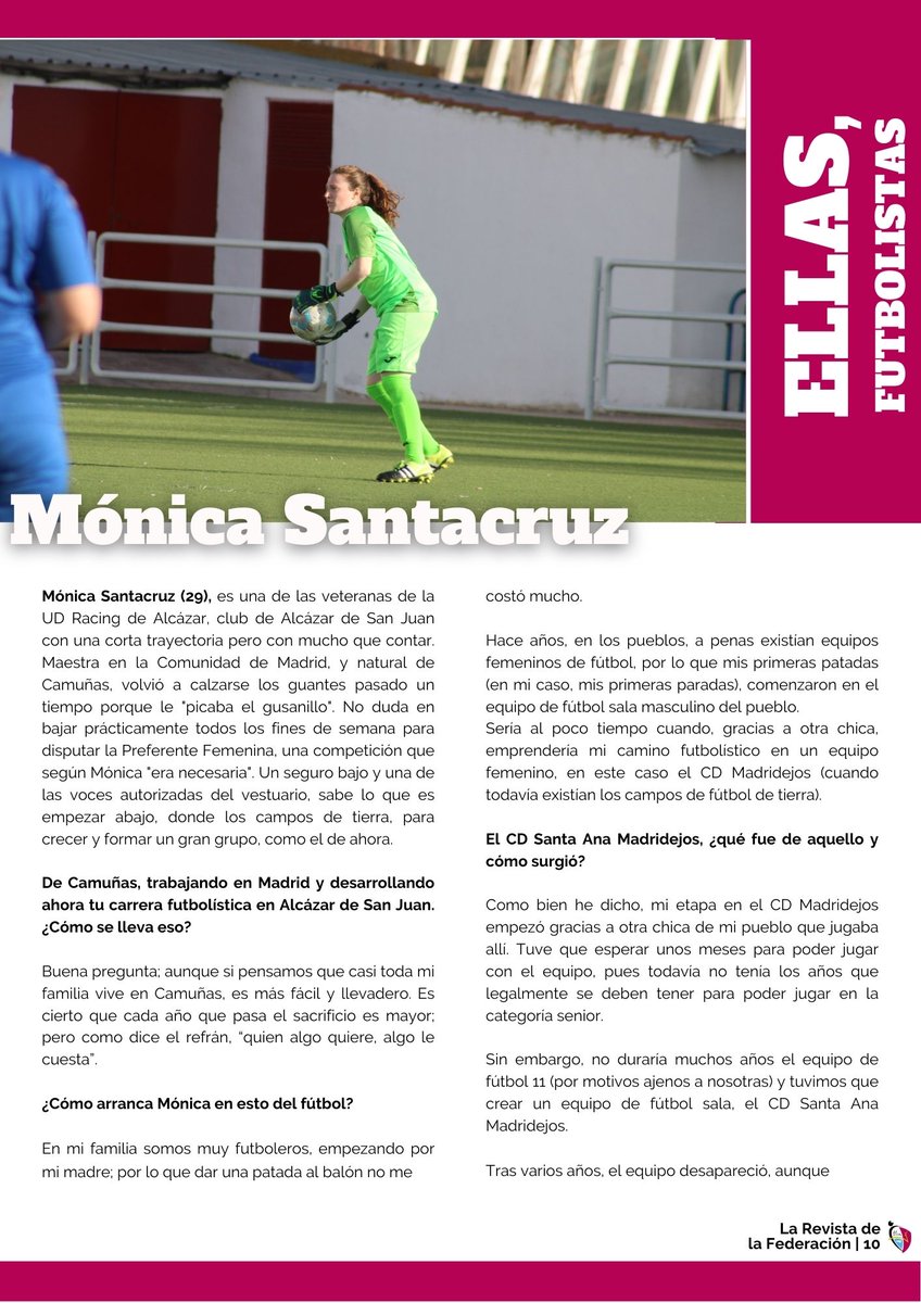 📕 REVISTA FFCM |

📚 Ed. 16 | #diciembre

👩🏼‍🎤 Ellas, futbolistas
👤 Mónica Santacruz
🛡 <a href="/udracingalcazar/">U.D. RACING DE ALCÁZAR</a>
▶️ "Por el fútbol, voy y vengo de Madrid"

📖  El artículo completo aquí, 🔗 ffcm.es/pnfg/NNws_ShwN…

🖥 FFCM.es
📲 #appFFCM

#somosCLM #revistaFFCM