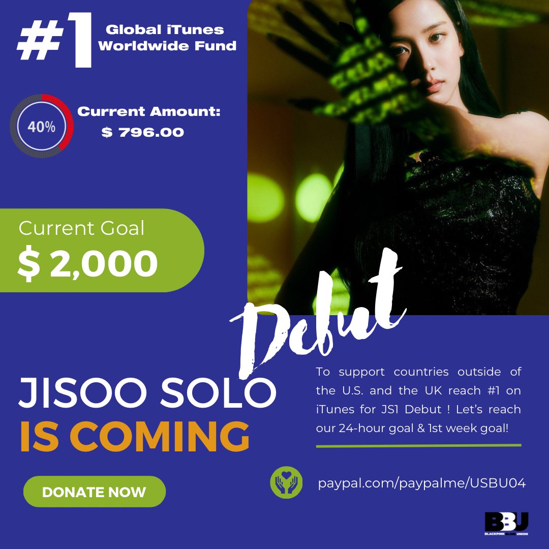 BBU_BLACKPINK's tweet photo. 💰| Our JS1 Global iTunes Fund needs YOUR support to launch #1 iTunes Goals for countries OUTSIDE of the U.S. and the UK. ANY amount will help for the GLOBAL Success of #JISOO’s Solo Debut!🤍

CURRENT FUNDS: $796
CHIP IN: https://t.co/65xLO05oiL

 #블랙핑크 #지수 @BLACKPINK https://t.co/BRW10ccPcS