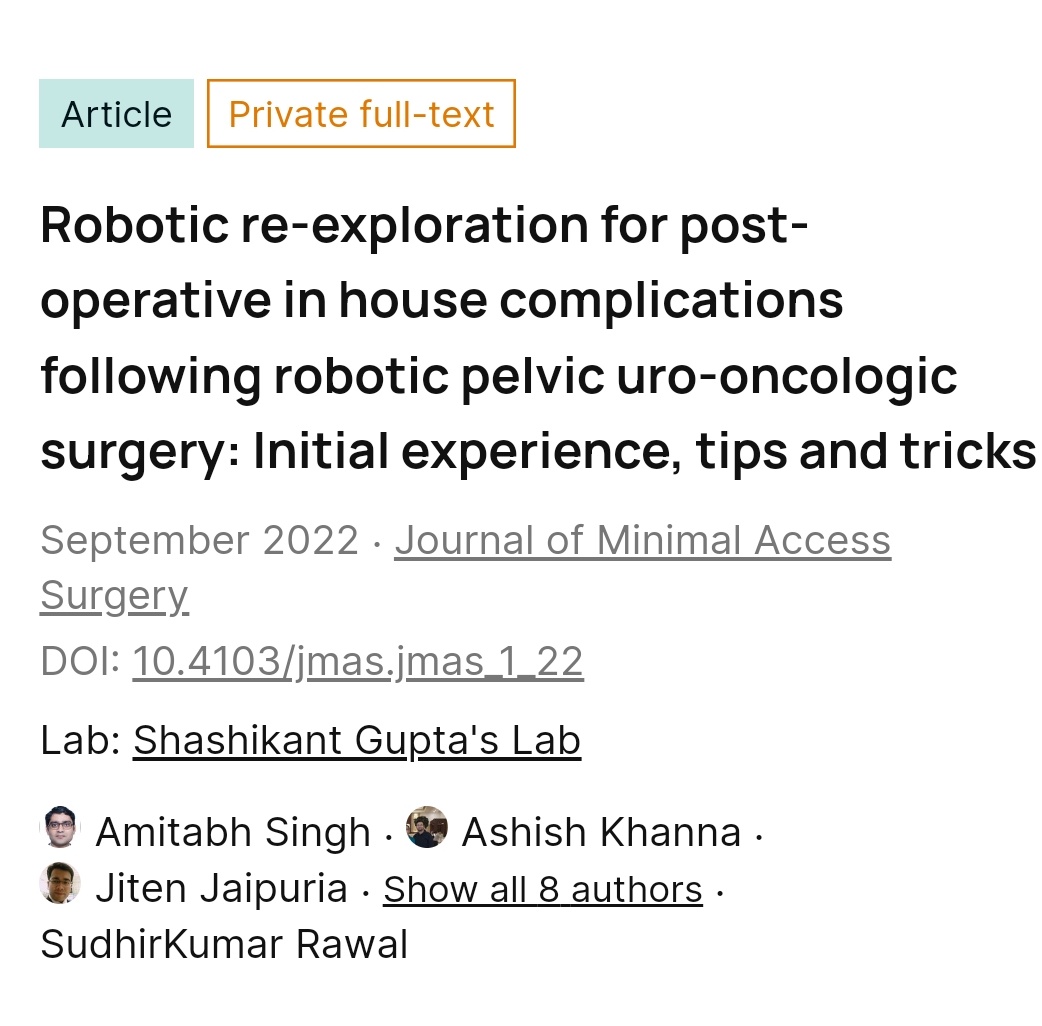 Happy to share our new published article on Robotic re-exploration for post-operative in house complications following robotic pelvic urooncologic surgery: Initial experience, tips and tricks @youthUSI
 <a href="/usioffice/">Urological Society of India 🇮🇳</a>