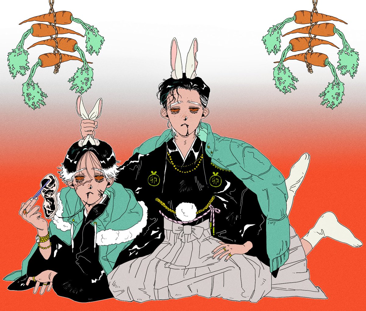multiple boys 2boys black hair japanese clothes animal ears rabbit ears male focus  illustration images
