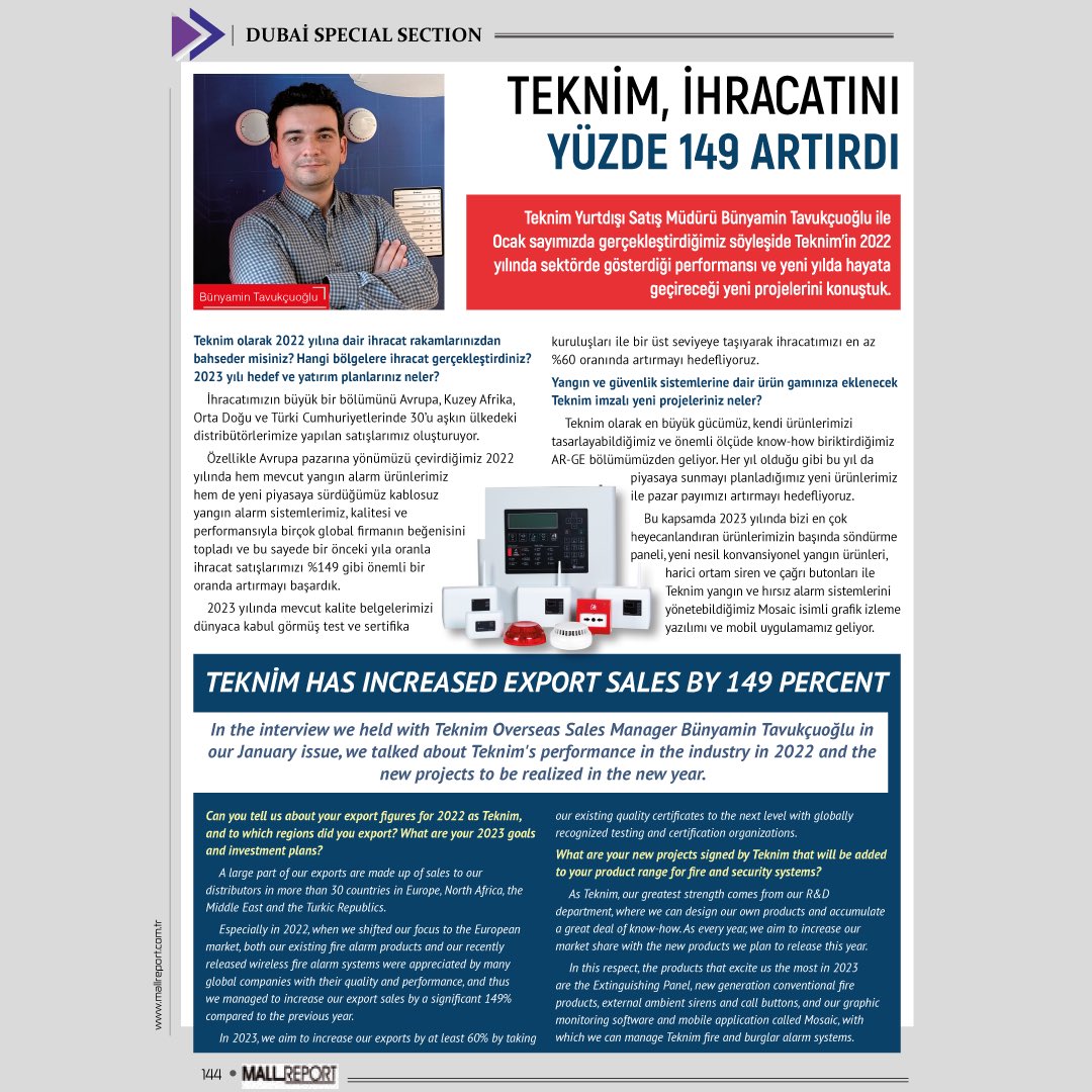 Teknim's tweet image. 17-19 Ocak tarihleri arasında yapılacak olan Dünyanın en prestijli elektronik güvenlik fuarlarından biri olan @IntersecExpo basın sponsoru olan mallreport dergisine , yurtdışı satış müdürümüz Bünyamin Tavukçuoğlu nun vermiş olduğu röportaj.
#teknim #mallreport #intersec2023