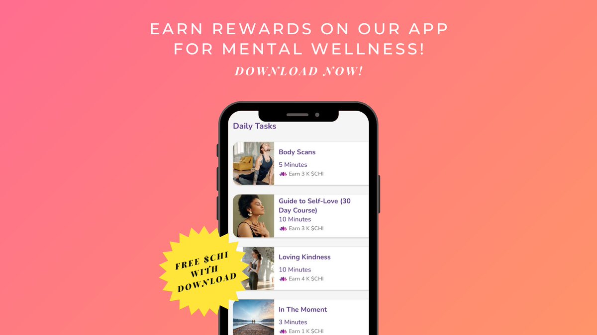 Try Metatate: Earn rewards for daily mental wellness tasks tailored to your needs. Uplift your mind, body, &amp; spirit to earn $CHI &amp; exchange for rewards. Sign up today &amp; get free $CHI! #Metatate #Wellness #mentalwellness