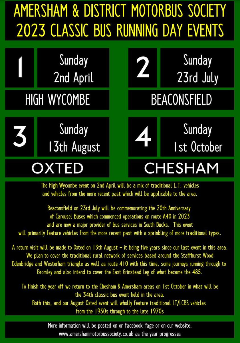 Our 2023 Classic Bus Running Day programme. Potential exists for further events to be added so do keep an eye on this page or our website: amershammotorbussociety.co.uk