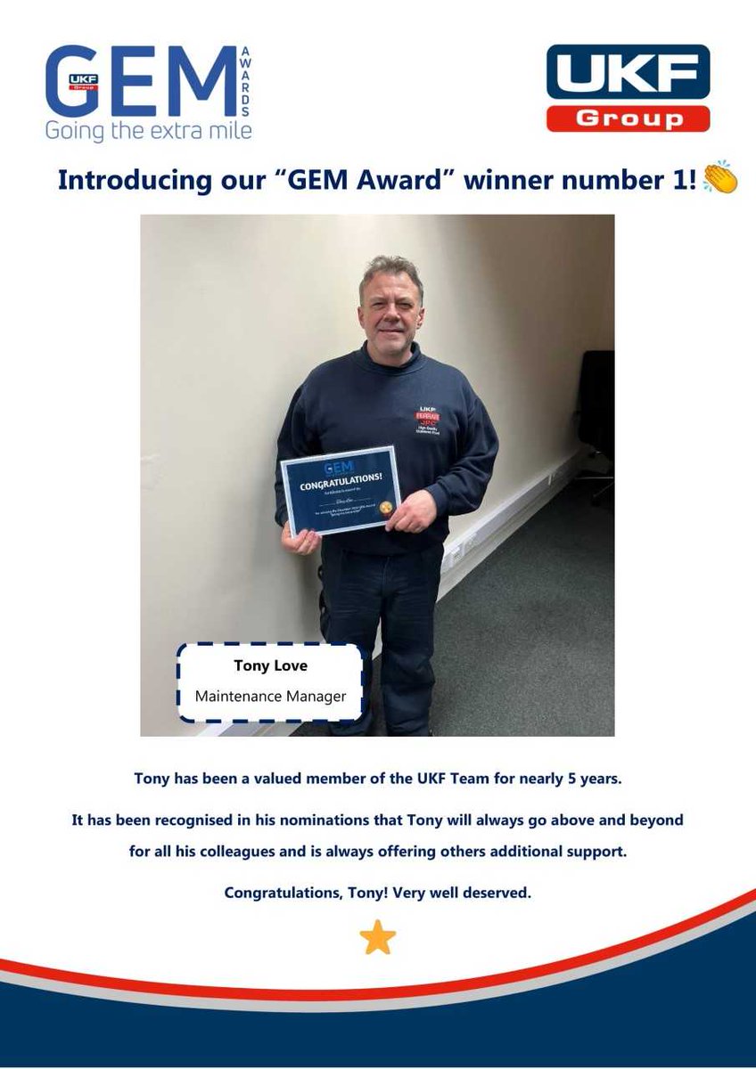 UKFGroup's tweet photo. New Year, New Gem award 🍾
Tony Love, our maintenance manager, is this year's first winner of the GEM awards.
Tony has been a valued member of the UKF team for nearly 5 years
Congratulations Tony, Very well deserved ⭐
#goingthatextramile https://t.co/yeCrjQlzse