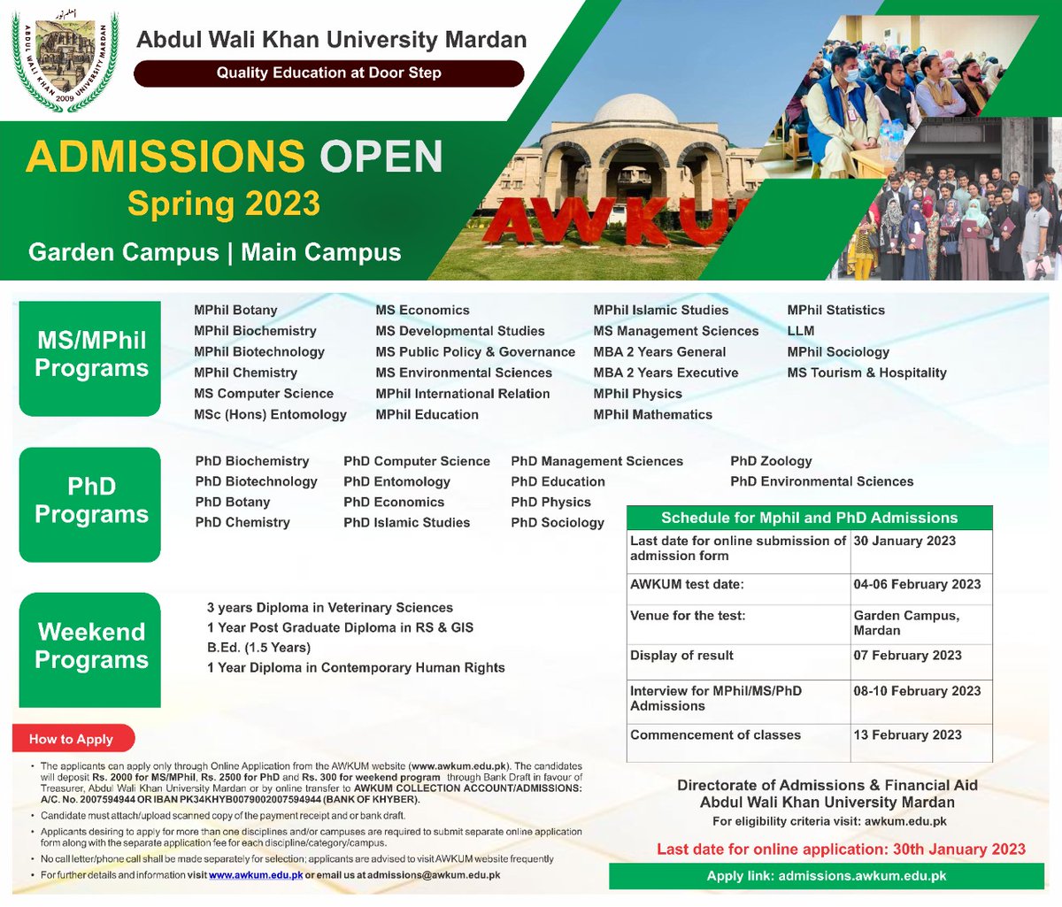 Online applications can be submitted on admissions.awkum.edu.pk