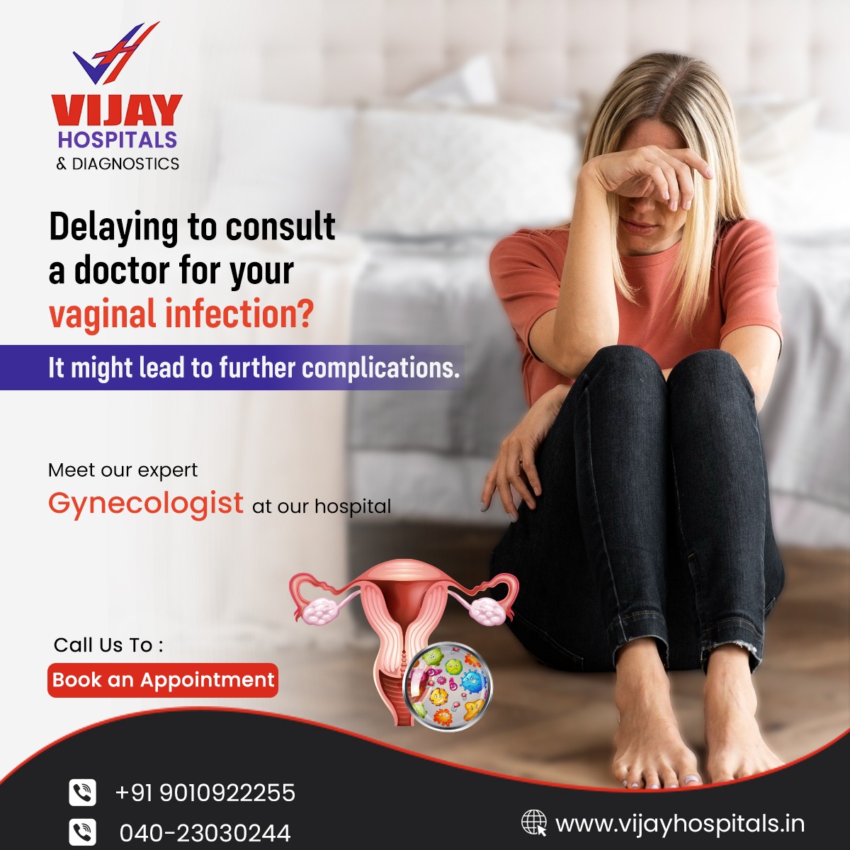 Delaying to consult with a gynecologist for your vaginal infection can lead to further complications and negative health outcomes. 
For more information:
Call us: +91 90109 22255 / 040-23030244

#vijayhospital #gynaecology #GYNAECOLOGIST #multispecialityhospital #vaginalinfection