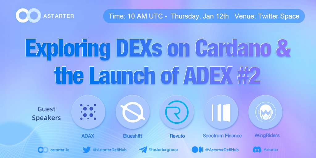 Astarter (@astarterdefihub) on Twitter photo 📍Exploring #Cardano DEXs & The Launch of ADEX #2
⏰10 AM UTC, 12th Jan
🎙️Host: <a href="/defihubspace/">DeFiHubSpace 🏁🌱🪐</a>
👥Guests: <a href="/wingriderscom/">WingRiders</a> <a href="/adax_pro/">ADAX PRO</a> @SpectrumLabs_ <a href="/get_revuto/">Revuto</a> <a href="/blueshiftfi/">Blueshift</a>
The space is gonna be💥with great guests joining!
Set Reminder by:
x.com/i/spaces/1gqxv…
#Cardano #ADA 📍Exploring #Cardano DEXs & The Launch of ADEX #2
⏰10 AM UTC, 12th Jan
🎙️Host: <a href="/defihubspace/">DeFiHubSpace 🏁🌱🪐</a>
👥Guests: <a href="/wingriderscom/">WingRiders</a> <a href="/adax_pro/">ADAX PRO</a> @SpectrumLabs_ <a href="/get_revuto/">Revuto</a> <a href="/blueshiftfi/">Blueshift</a>
The space is gonna be💥with great guests joining!
Set Reminder by:
x.com/i/spaces/1gqxv…
#Cardano #ADA