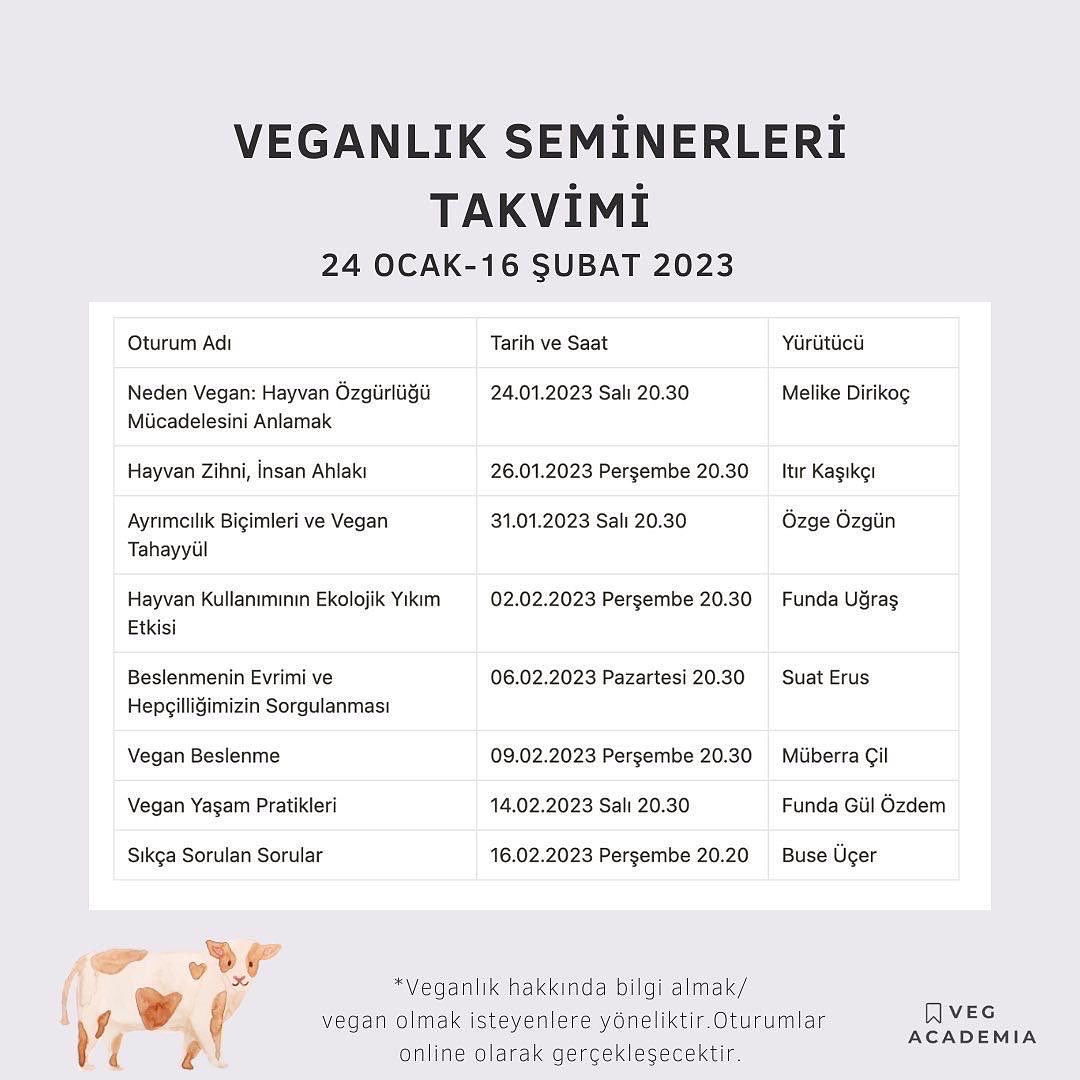VegAcademia’nın Vegan seminerleri başlıyor! Bu dönemde çeşitli konuşmacılarla pek çok soruya cevap verilecek. Vegan olmayan/olmak isteyen/sürdürmeye çalışan kişilerin öncelikli olduğu seminer serisine katılmak için kayıt linkini doldurmalısın. 🌱 Link: forms.gle/3huKCqBSFJxkZu…
