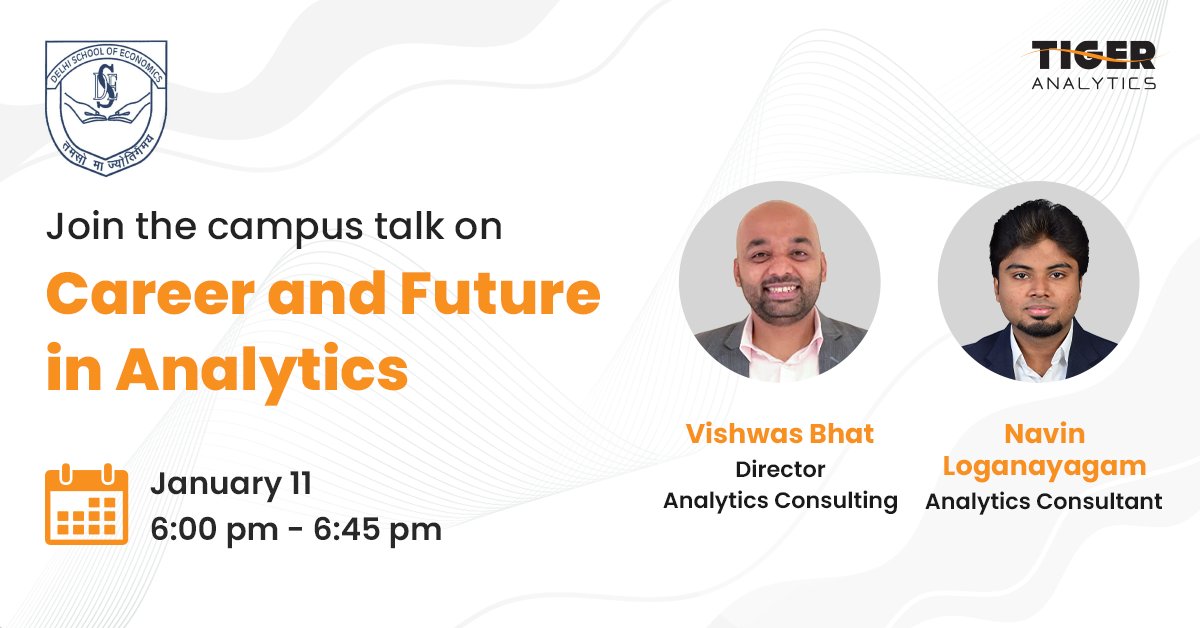 TigerAnalytics's tweet image. Join our #analyticsconsulting leaders as they engage (virtually) with the students of @DelhiSchoolOfEC to discuss in depth the future and careers in #analytics. Gain valuable insights and ask any questions about this rapidly growing field.
Don&apos;t miss out! #career #campustalk
