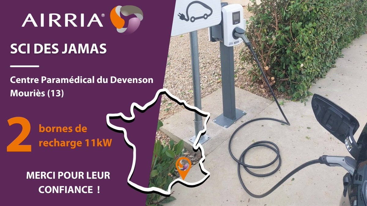 Merci à la société SCI des Jamas d'avoir choisi AIRRIA pour l'installation de 2 points de recharge pour véhicules électriques au Centre Paramédical du Devenson à Mouriès (13)🔋🔌
En savoir plus sur notre offre➡️ bit.ly/3VDu0Bz
#irve #voitureelectrique #bornesderecharge
