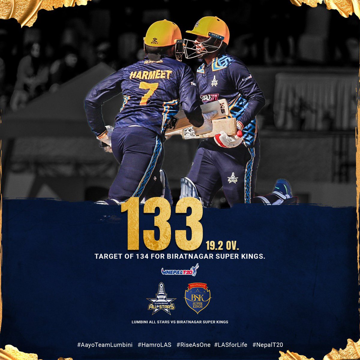boltsjanakpur's tweet photo. Innings Break: We score 133 in 19.2 overs.
Are you tuned in? Let’s go!
#RiseAsOne
#AayoTeamLumbini
#HamroLAS
#LASforLife
#NepalT20
#LumbiniAllStars https://t.co/9s8IBPnHd7