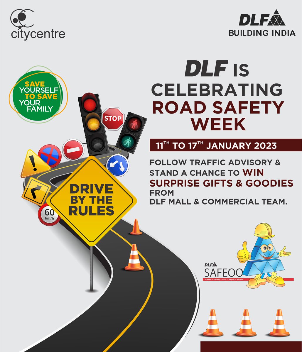 Securing Safety!
Take a #SafeRoute through all the #TrafficRules & Regulations with a #chancetowin #SurpriseGifts & #Goodies on observation of #NationalRoadSafetyWeek  at #DLFCityCentreChandigarh.
#RoadSafetyWeek #RoadSafety #SaveYourLife #DriveSafe #SafetyFirst #DLFIndia
