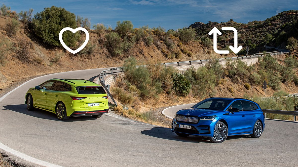 skodaautonews's tweet photo. The #Skoda #EnyaqRSiV🔥 Dynamic, efficient and sustainable...  But which colour does it look best in? 🤔 Let us know! Like 💚 if you'd go for Mamba Green, retweet 🔃 if you prefer Race Blue. https://t.co/dM8cLtyNdH